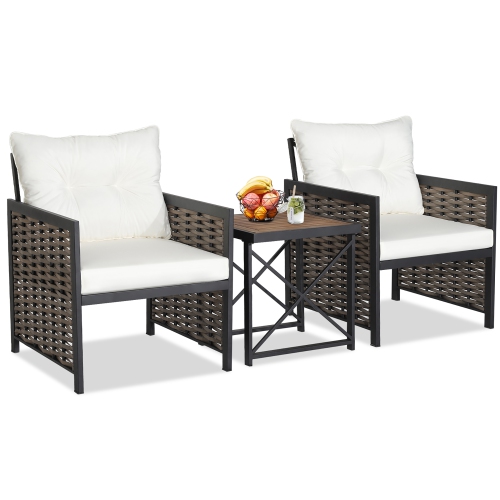Costway 3 PCS Patio Rattan Furniture Set Acacia Wood Coffee Table & 2 Chairs Backyard