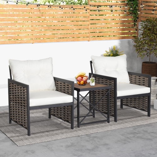 Costway 3 PCS Patio Rattan Furniture Set Acacia Wood Coffee Table & 2 Chairs Backyard