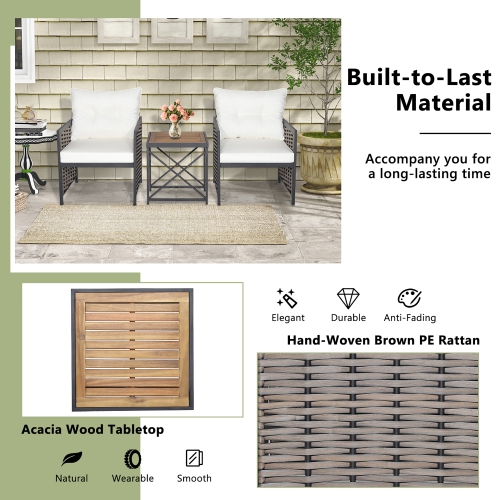 Costway 3 PCS Patio Rattan Furniture Set Acacia Wood Coffee Table & 2 Chairs Backyard