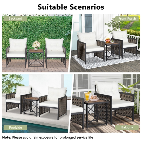 Costway 3 PCS Patio Rattan Furniture Set Acacia Wood Coffee Table & 2 Chairs Backyard