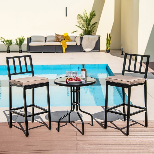 Costway Set of 2 Patio Metal Bar Stools Outdoor Bar Height Dining Chairs with Cushion