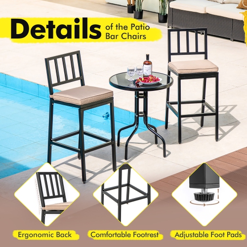 Costway Set of 2 Patio Metal Bar Stools Outdoor Bar Height Dining Chairs with Cushion