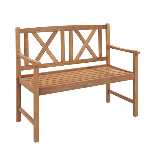 COSTWAY  Patio Acacia Wood 2-Person Slatted Bench Outdoor Loveseat Chair Garden Natural
