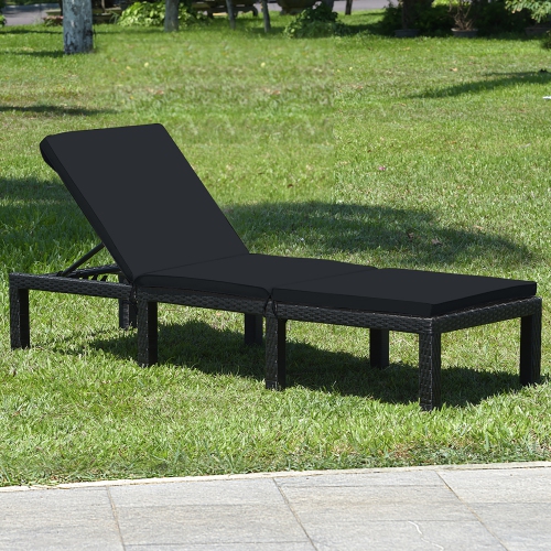 Costway 2PCS Patio Rattan Lounge Chair Chaise Recliner Adjust with Navy & Off White Cover