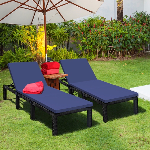 Costway 2PCS Patio Rattan Lounge Chair Chaise Recliner Adjust with Navy & Off White Cover