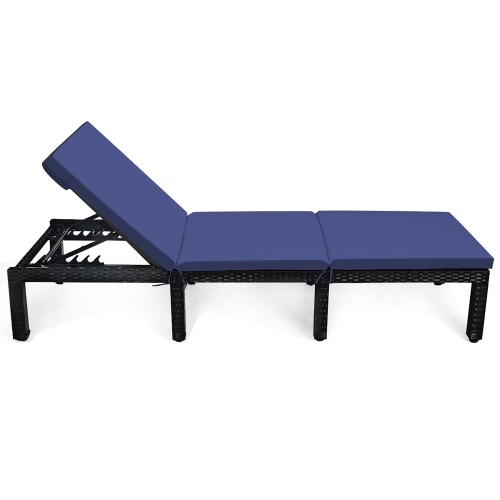 Costway 2PCS Patio Rattan Lounge Chair Chaise Recliner Adjust with Navy & Off White Cover