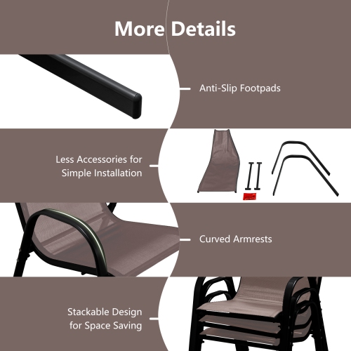 Costway Set of 4 Patio Dining Chairs Stackable Armrest Space Saving Garden Brown/Grey