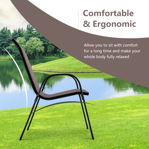 Costway Set of 4 Patio Dining Chairs Stackable Armrest Space Saving Garden Brown/Grey