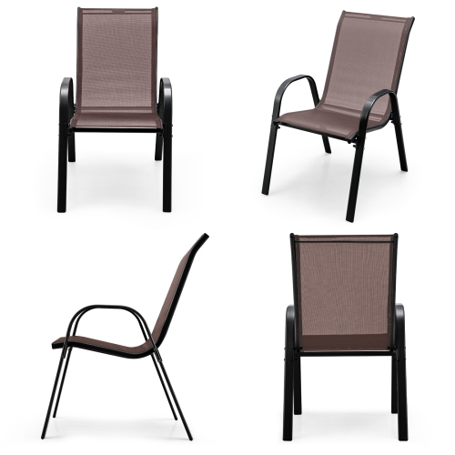 Costway Set of 4 Patio Dining Chairs Stackable Armrest Space Saving Garden Brown/Grey