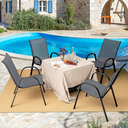 Costway Set of 4 Patio Dining Chairs Stackable Armrest Space Saving Garden Brown/Grey