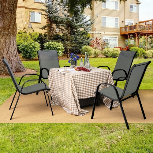 Costway Set of 4 Patio Dining Chairs Stackable Armrest Space Saving Garden Brown/Grey