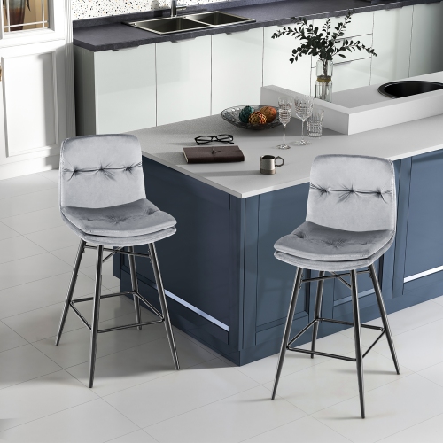 Costway Set of 2 Velvet Bar Stools Bar Height Kitchen Dining Chairs with Metal Legs