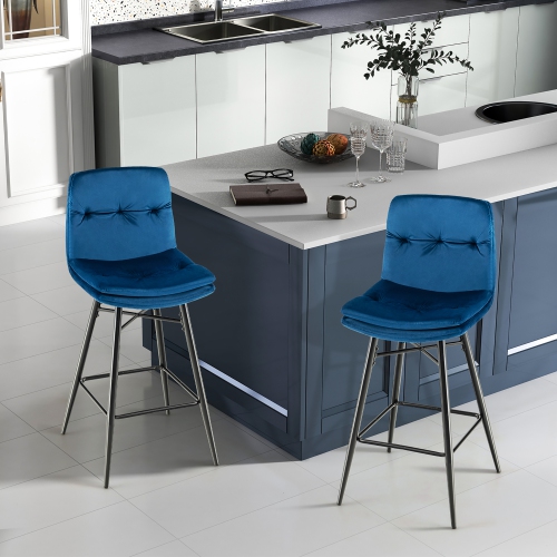 Costway Set of 2 Velvet Bar Stools Bar Height Kitchen Dining Chairs with Metal Legs