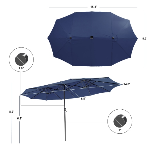 Parapluie de patio double face de 15 pi à 48 lampes solaires LED avec manivelle d'extérieur de Costway