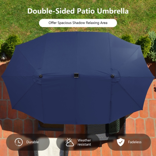 Parapluie de patio double face de 15 pi à 48 lampes solaires LED avec manivelle d'extérieur de Costway