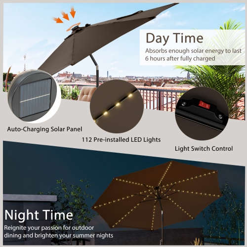 Costway 10 FT 112 LED Solar-Lighted Patio Table Market Umbrella Crank Tilt Outdoor
