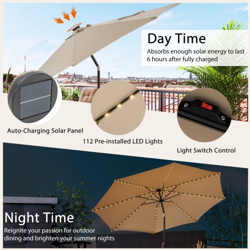 Costway 10 FT 112 LED Solar-Lighted Patio Table Market Umbrella Crank Tilt Outdoor