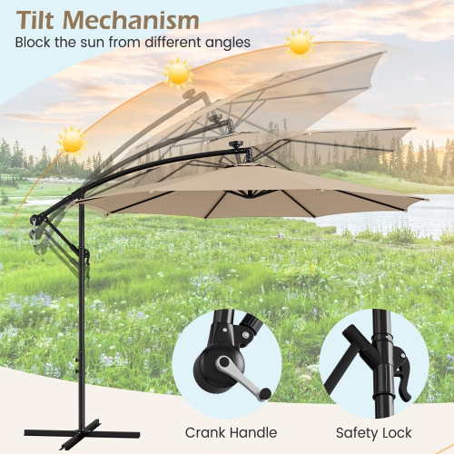 Costway 10FT Patio Solar-Lighted 112 LED Cantilever Offset Umbrella Crank Tilt Outdoor