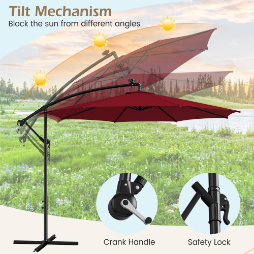 Costway 10FT Patio Solar-Lighted 112 LED Cantilever Offset Umbrella Crank Tilt Outdoor