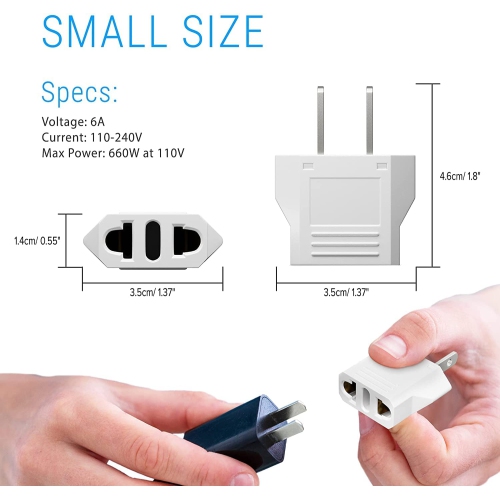 TEDLIN Universal European/Asia to US/CA Travel Power Plug Adapter Converter - White - 6 Pack