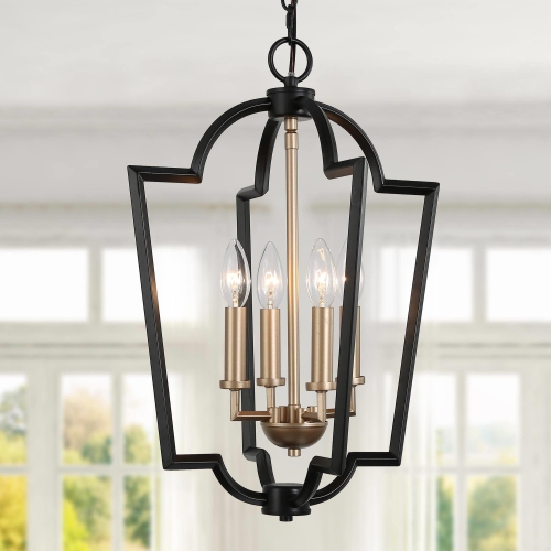 UOLFIN  And Gold Kitchen Chandelier Light, 4-Light Modern Farmhouse Dining Room Lantern Cage Candle Chandelier In Black