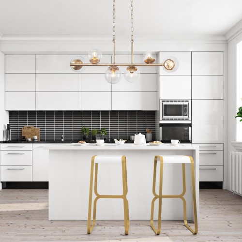 Modern Gold Dining Room Chandelier, 32-in 6-Light Sputnik Island Linear Chandelier with Globe Glass Shades