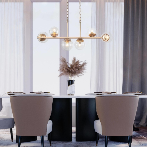 Modern Gold Dining Room Chandelier, 32-in 6-Light Sputnik Island Linear Chandelier with Globe Glass Shades