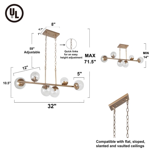 Modern Gold Dining Room Chandelier, 32-in 6-Light Sputnik Island Linear Chandelier with Globe Glass Shades