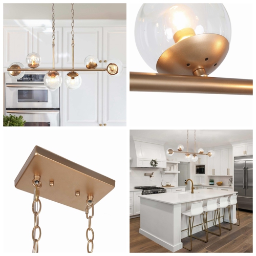 Modern Gold Dining Room Chandelier, 32-in 6-Light Sputnik Island Linear Chandelier with Globe Glass Shades