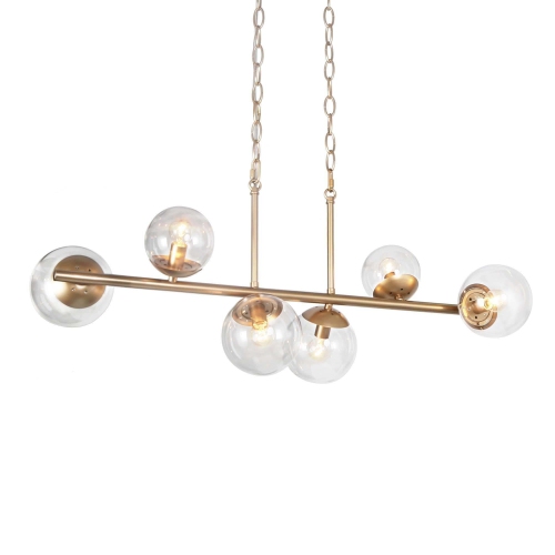Modern Gold Dining Room Chandelier, 32-in 6-Light Sputnik Island Linear Chandelier with Globe Glass Shades