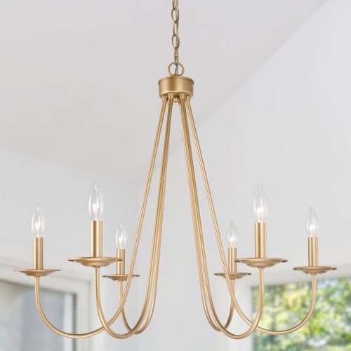 UOLFIN  Modern Champagne Island Chandelier Akaishi 28 In. 6-Light Candlestick Chandelier Pendant Light for Dining Room In Gold