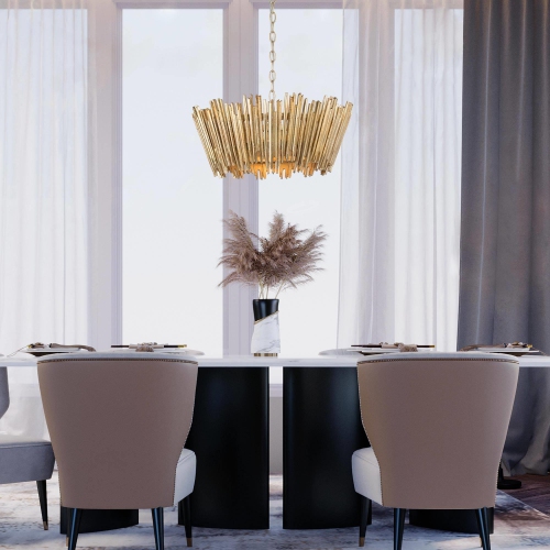 Modern Antique Gold Drum Island Chandelier Light, 3-Light Farmhouse Chandelier Pendant Light with Handmade Wood Strips