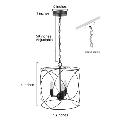 Black Drum Dining Room Chandelier, 3-Light Black Geometric Drum In Candle Style Modern/Contemporary LED Dry rated Chandelier