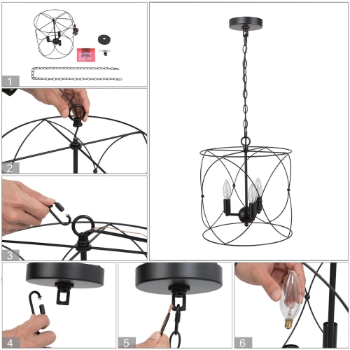 Black Drum Dining Room Chandelier, 3-Light Black Geometric Drum In Candle Style Modern/Contemporary LED Dry rated Chandelier