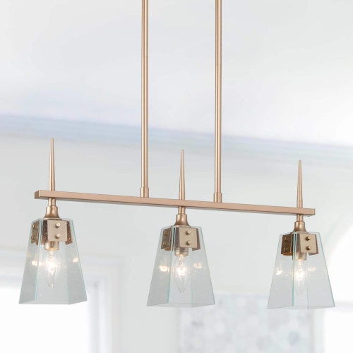 Modern Linear Chandelier 3-Light Gold Island Chandelier Hanging Light with Seedy Glass Plates