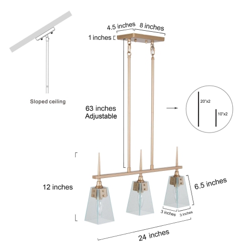 Modern Linear Chandelier 3-Light Gold Island Chandelier Hanging Light with Seedy Glass Plates