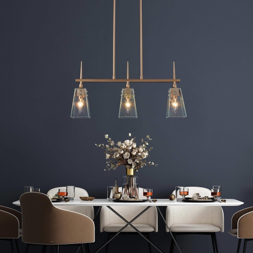 Modern Linear Chandelier 3-Light Gold Island Chandelier Hanging Light with Seedy Glass Plates
