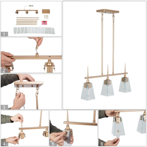 Modern Linear Chandelier 3-Light Gold Island Chandelier Hanging Light with Seedy Glass Plates