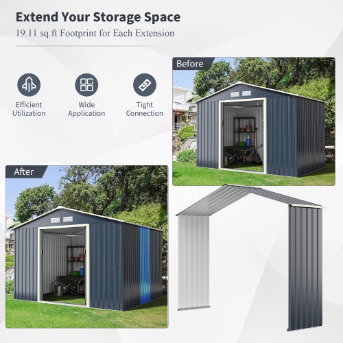 Costway Outdoor Storage Shed Extension Kit for 9.1 ft Shed Width Grey