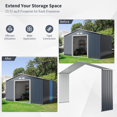 Costway Outdoor Storage Shed Extension Kit for 11.2 ft Shed Width Grey
