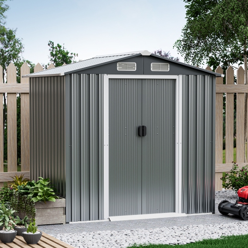 Costway 6 x 4 FT Outdoor Storage Shed Galvanized Steel Shed with Lockable Sliding Doors