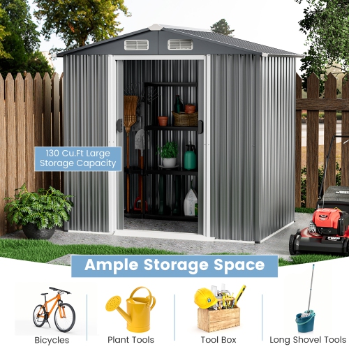 Costway 6 x 4 FT Outdoor Storage Shed Galvanized Steel Shed with Lockable Sliding Doors