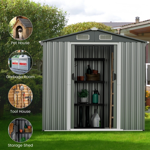 Costway 6 x 4 FT Outdoor Storage Shed Galvanized Steel Shed with Lockable Sliding Doors