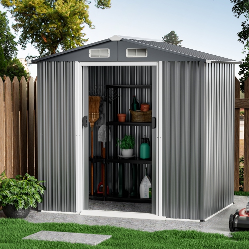 Costway 6 x 4 FT Outdoor Storage Shed Galvanized Steel Shed with Lockable Sliding Doors
