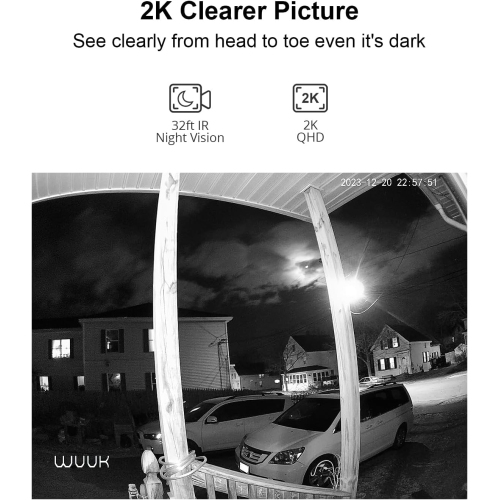 Sonnette avec caméra supplémentaire WUUK, sonnette vidéo 2K, aucun abonnement, sans fil ou avec fil, détection humaine et de mouvement, compatible