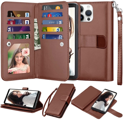 XCRS  Apple Iphone 14 Pro Max Wallet Pouch Case, Detachable Magnet Phone Cover, Store 9 Cards, Pu Leather Flip Cover \w Kickstand Magnetic Closure