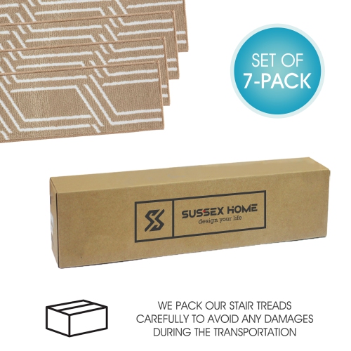 SussexHome Stair Treads - Carpet Strips for Indoor Stairs - Easy to Install with Double Adhesive Tape - Safe, 9" X 28" - 7-Pack - Beige