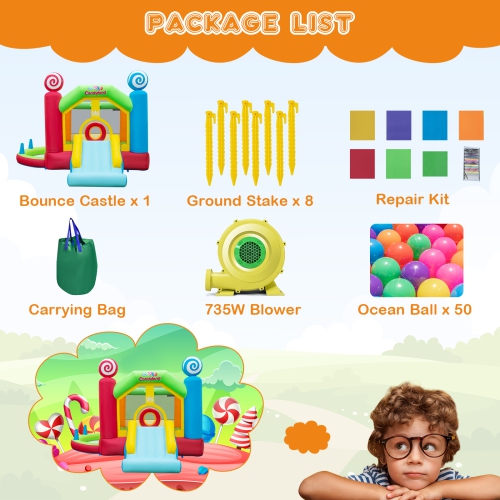 Topbuy Inflatable Bounce Castle Giant Candy Land Jumping House with Slide Ball Pit Basketball Hoop & 50 Ocean Balls