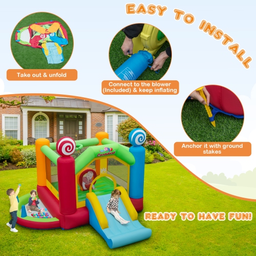 Topbuy Inflatable Bounce Castle Giant Candy Land Jumping House with Slide Ball Pit Basketball Hoop & 50 Ocean Balls
