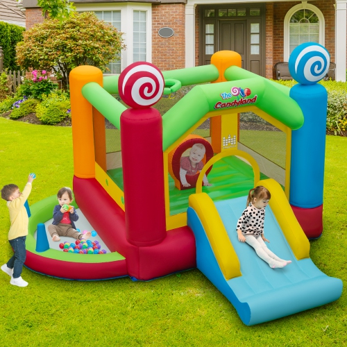 Topbuy Inflatable Bounce Castle Giant Candy Land Jumping House with Slide Ball Pit Basketball Hoop & 50 Ocean Balls